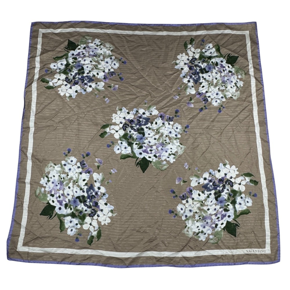 Valentino Silk Scarf Floral Bouquet Tan Purple White Square Made in Italy 34x34